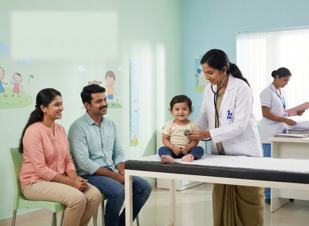 Happy family consulting with a pediatric doctor
