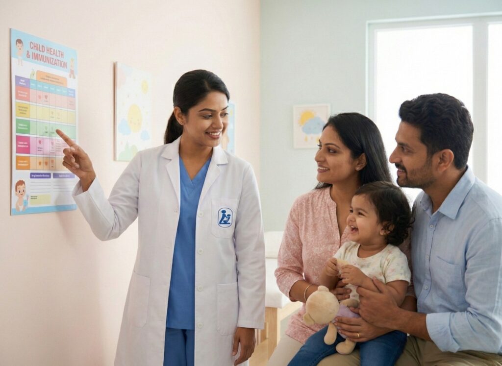 Doctor showing vaccination chart to parents