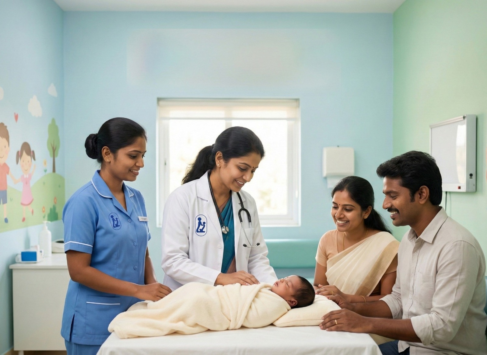Nurses and doctor caring for a newborn baby