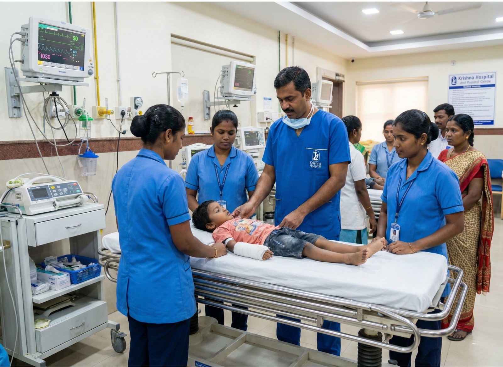 Medical team surrounding a child patient on a bed