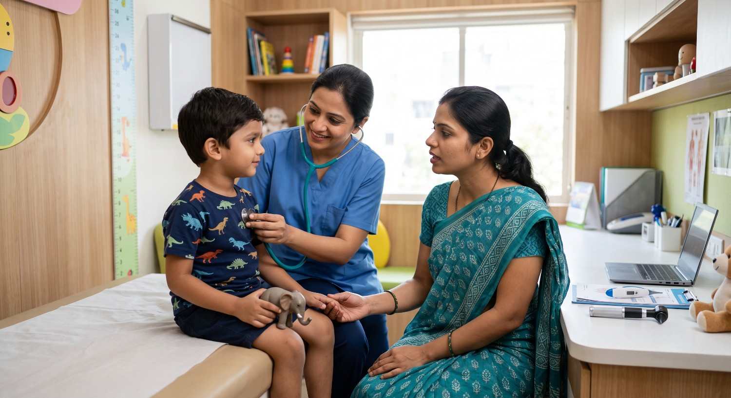 Pediatrician examining a child during a routine health consultation