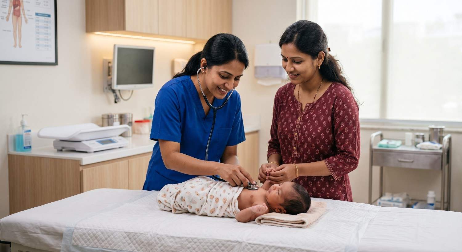 Newborn baby receiving a routine health checkup