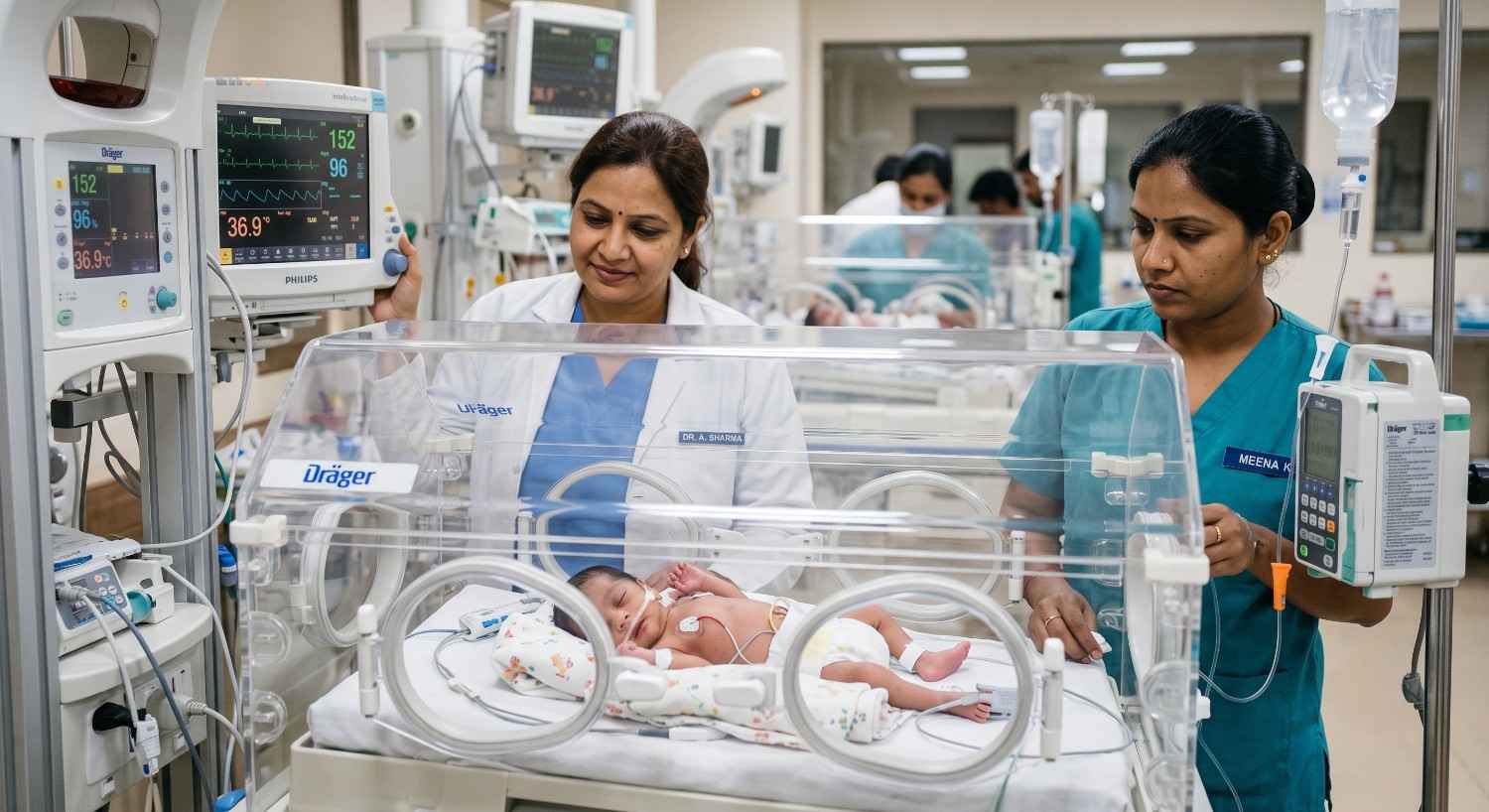 Newborn baby receiving monitoring in a neonatal intensive care unit