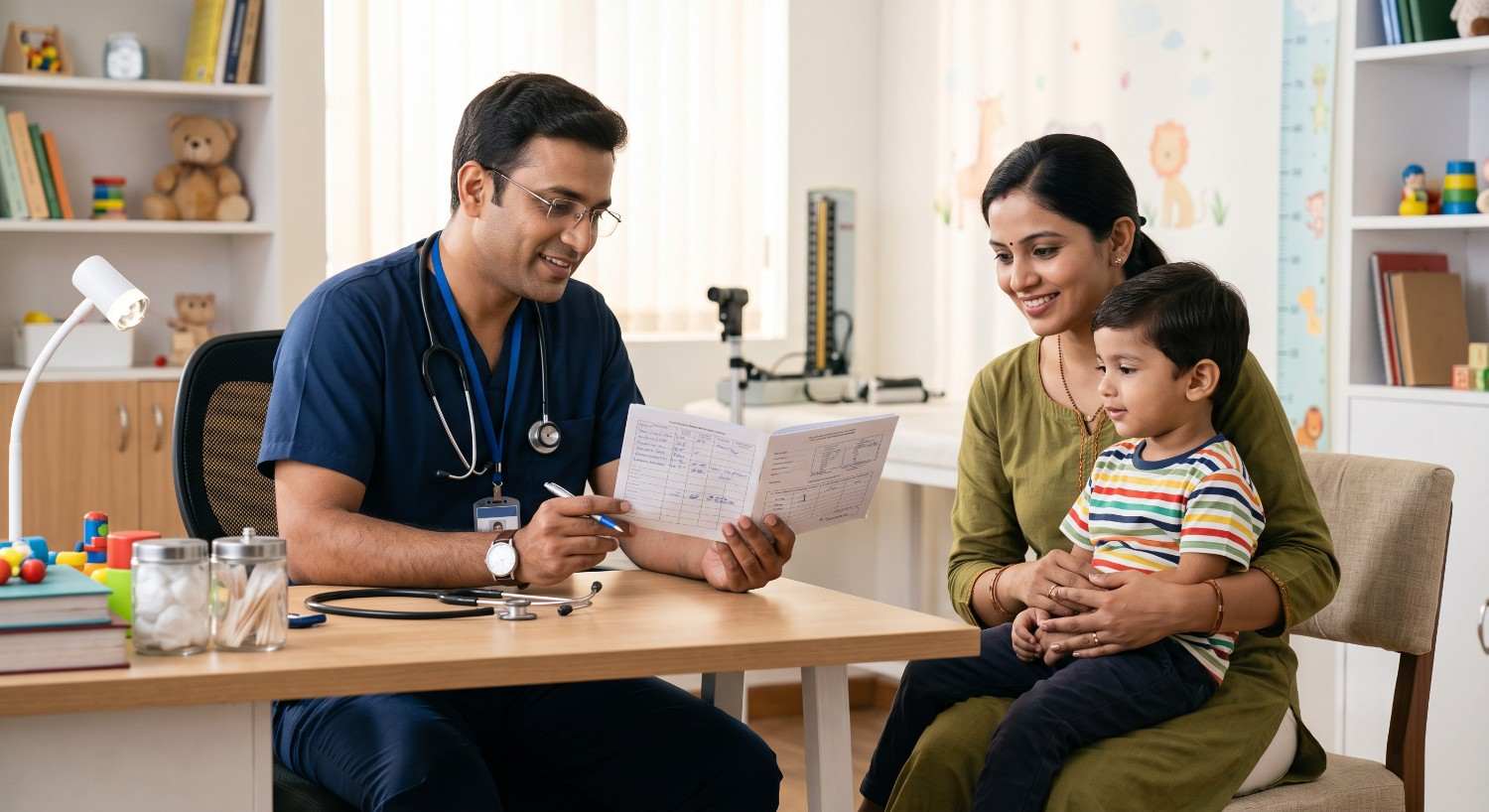 Healthcare professional reviewing a child's vaccination record with a parent